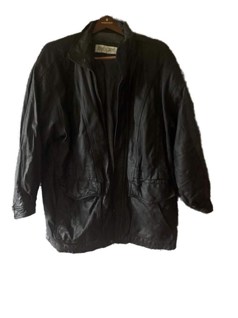 Joshua Ross Vintage Black Leather Mid-Length Jacket with Cinched Waist with flaw